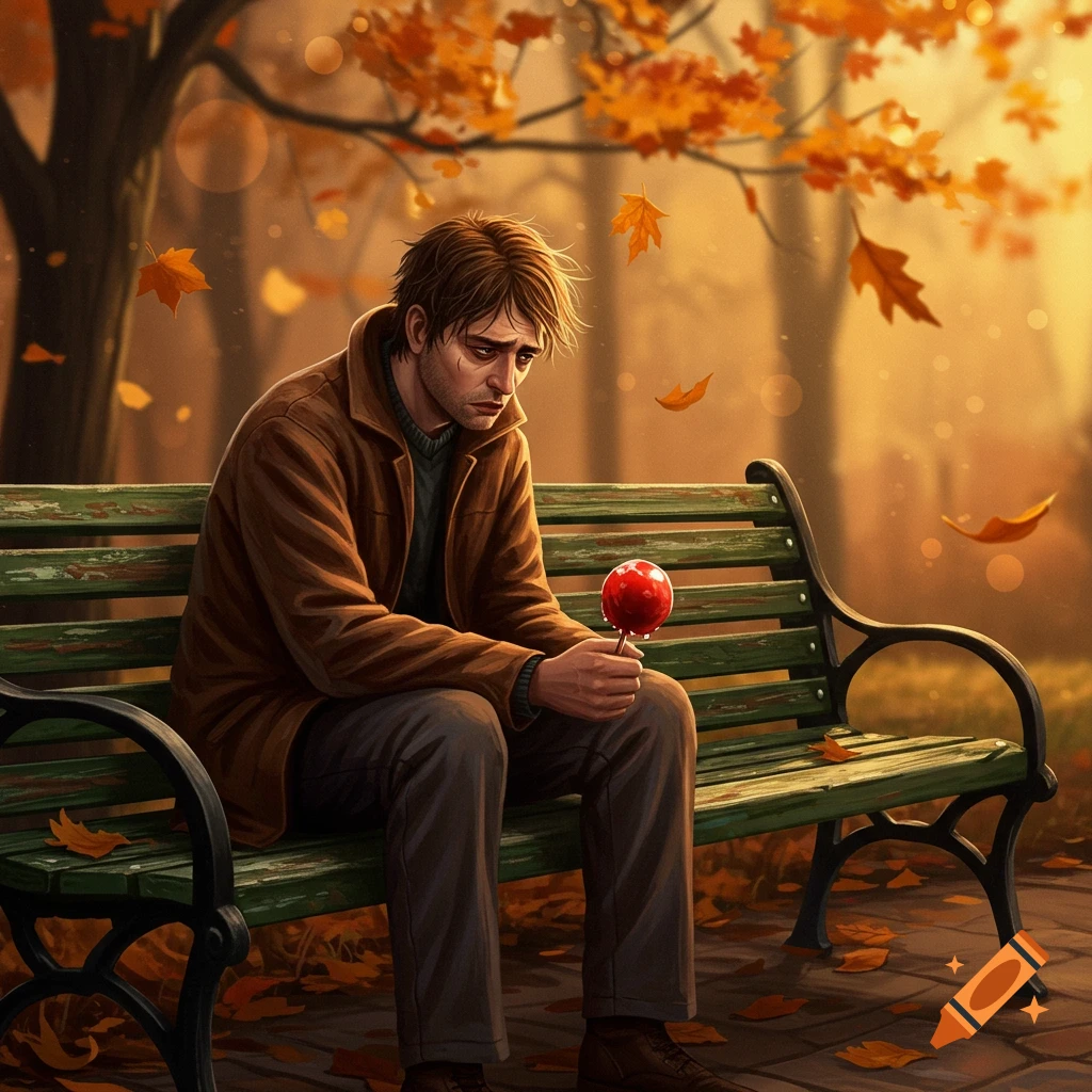 A sad man sits on a park bench, holding a red candy apple amidst falling autumn leaves in a painterly style.