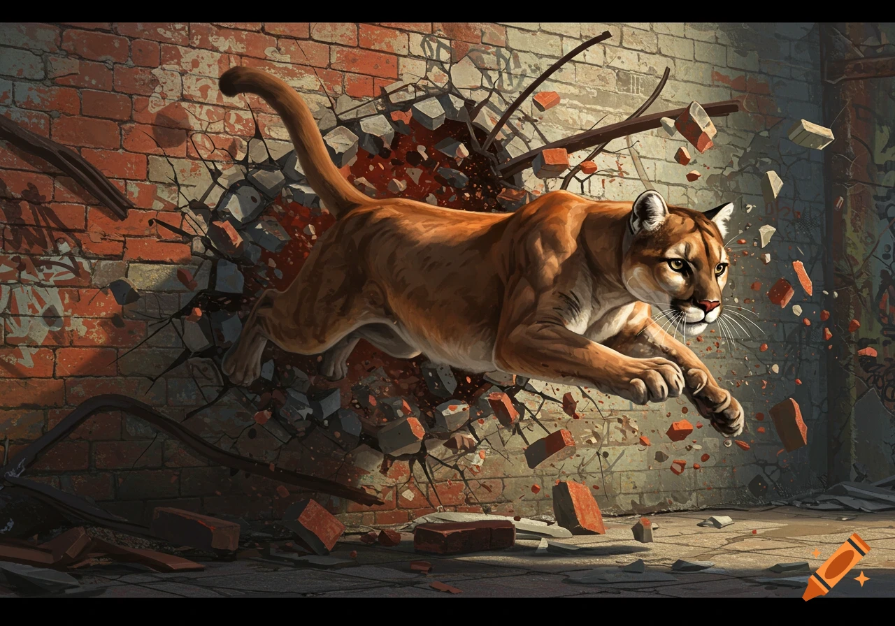 A powerful cougar leaps dynamically through a shattered brick wall, sending debris flying in a dramatic, action-filled illustration.