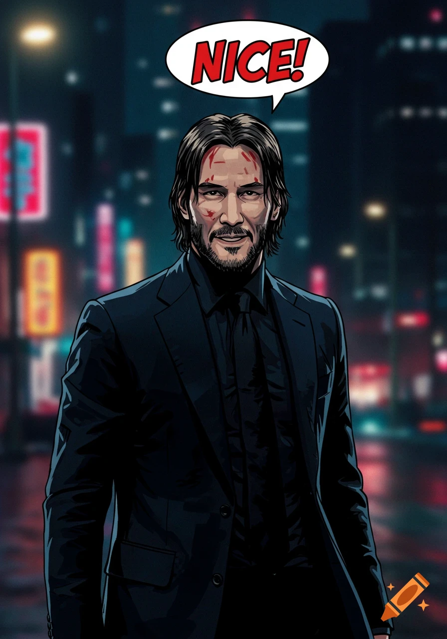 Comic art of John Wick smiling in a suit with blood, a speech bubble saying 'NICE!' in a neon city.