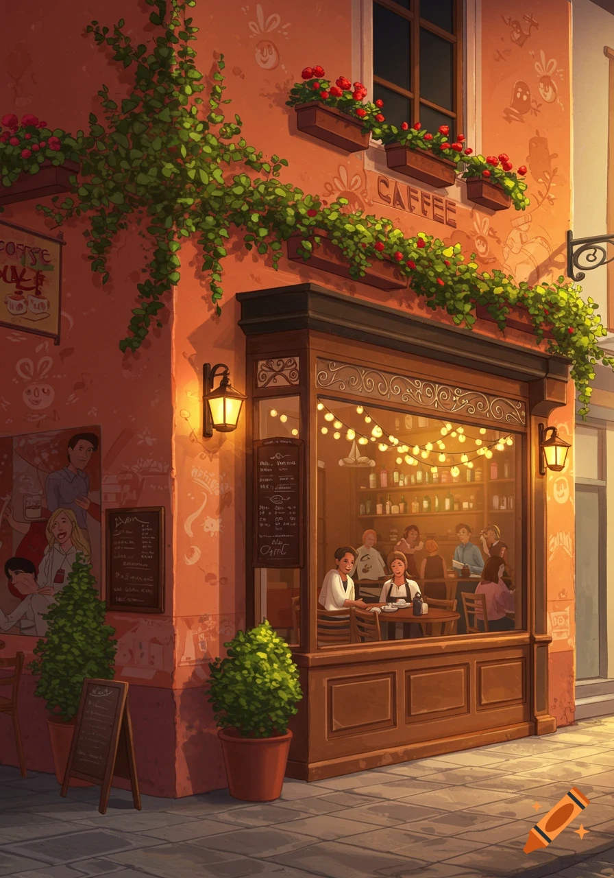 A warmly lit, illustrative cafe exterior with green vines and red flowers, showing patrons inside through the window.