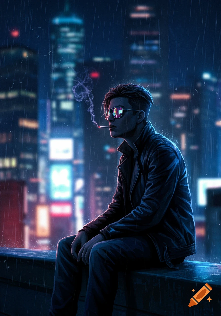 A stylized man in sunglasses sits smoking on a ledge in a neon-lit, rainy city at night.