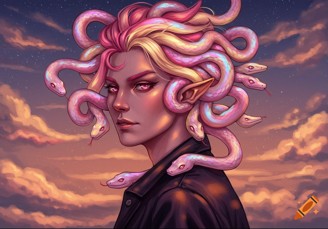 Anime-style Gorgon character with glowing pink eyes and pastel pink and blonde snakes for hair, against a cloudy, starry sky.