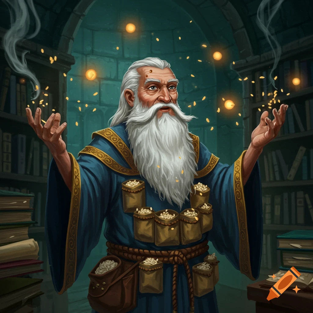An old wizard with a long white beard and a blue robe with rice-filled pockets conjures glowing orbs and rice in a library.