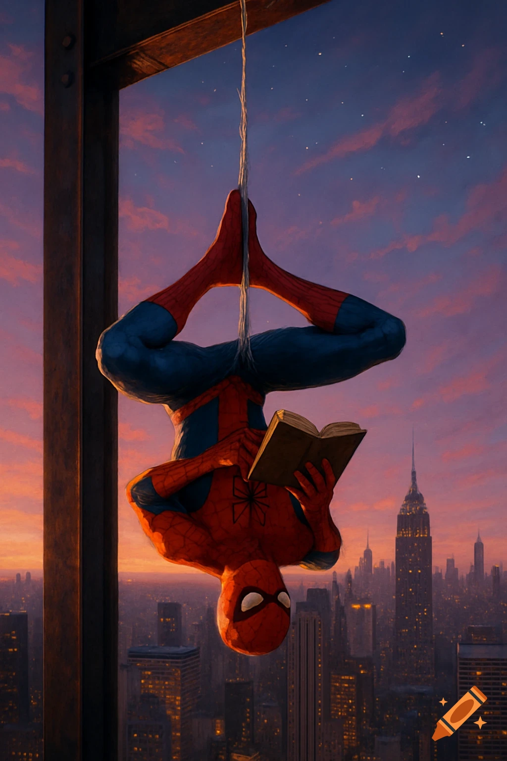 Spider-Man hangs upside down by a web, reading a book against a vibrant sunset over a city skyline.