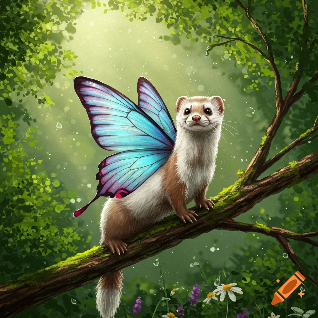 A cute ferret with blue and purple butterfly wings sits on a mossy tree branch in a sunlit green forest.