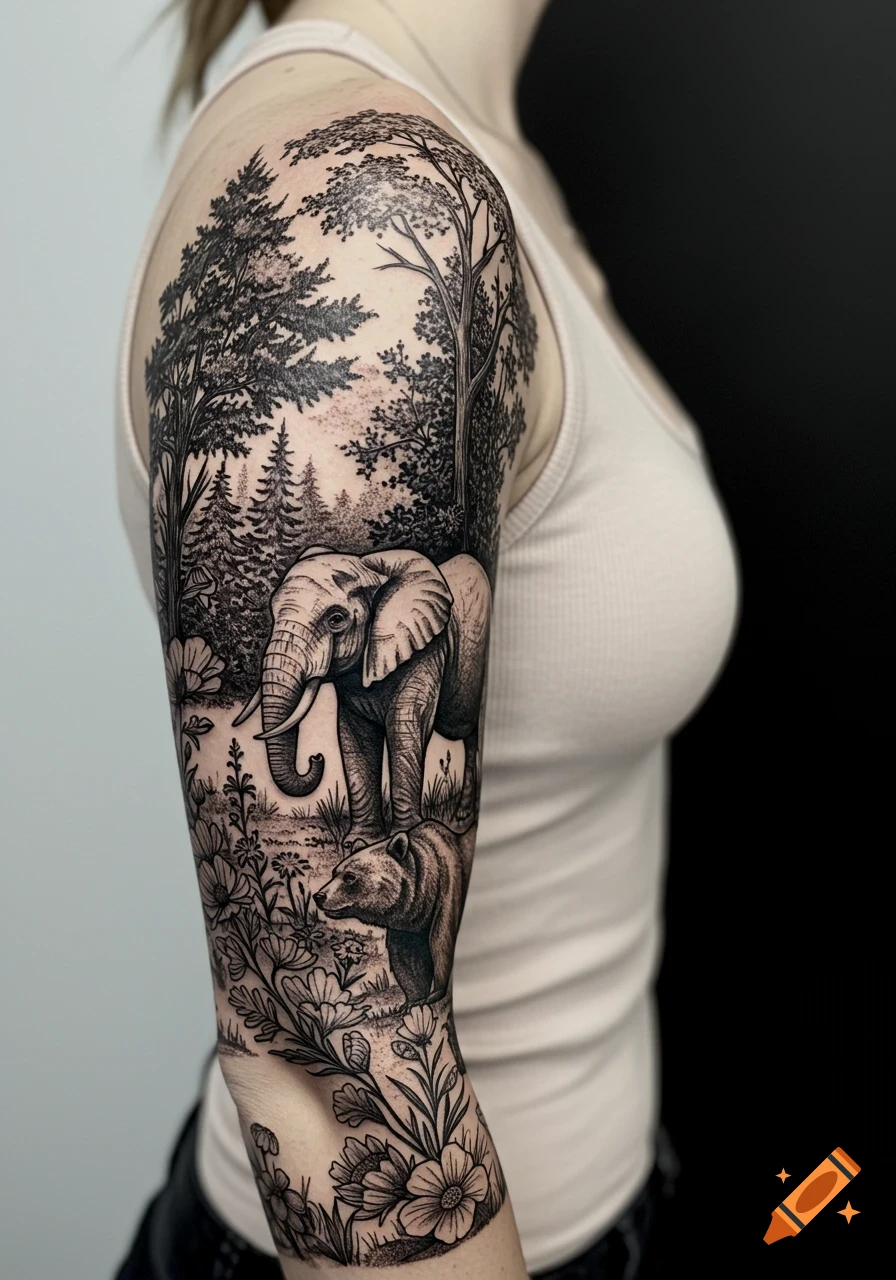 Detailed black ink tattoo on an arm, depicting a forest scene with an elephant, a bear, trees, and flowers.