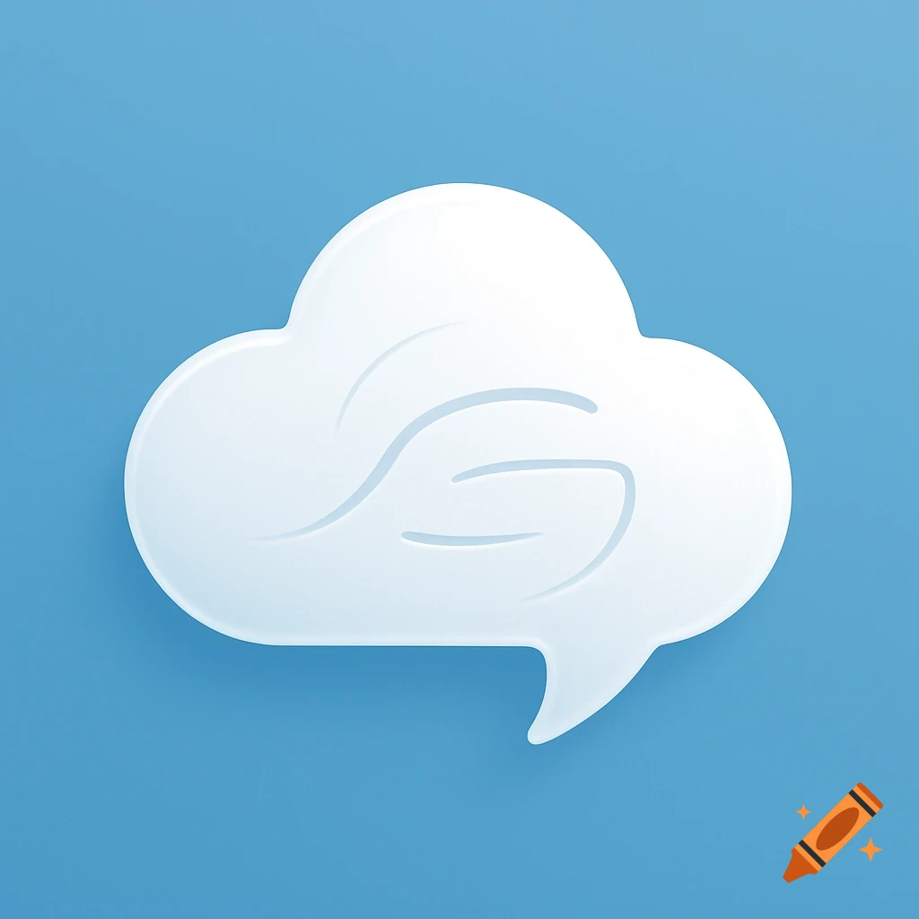 A glossy white cloud-shaped speech bubble logo with abstract wavy lines inside, on a light blue background.