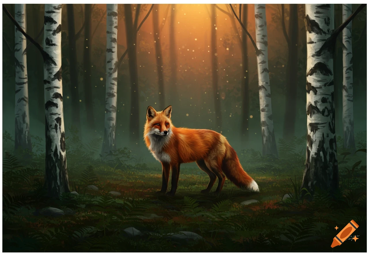 An orange fox with white markings stands in a magical forest with tall birch trees, illuminated by a warm, glowing light.