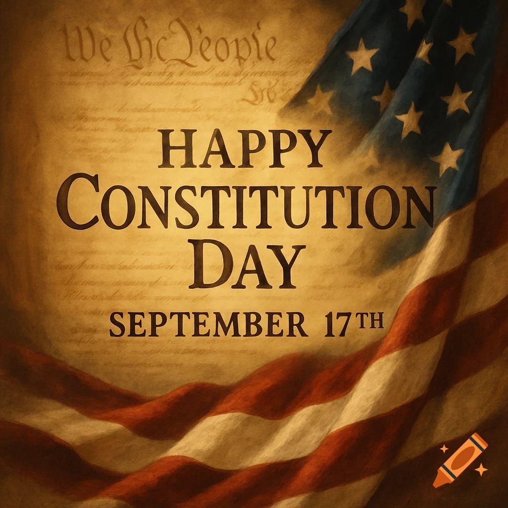 A sepia-toned image with the text 'HAPPY CONSTITUTION DAY SEPTEMBER 17TH' over the US Constitution and a waving American flag.