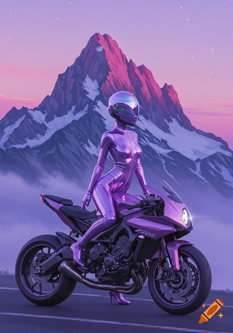 A futuristic figure in a purple suit and helmet on a matching motorcycle with a pink-purple mountain backdrop.