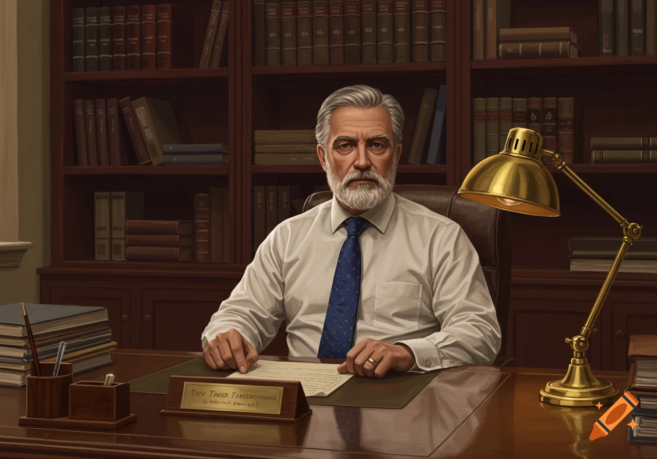 A mature man with gray hair and beard, wearing a white shirt and blue tie, sits behind a desk in an office with bookshelves.