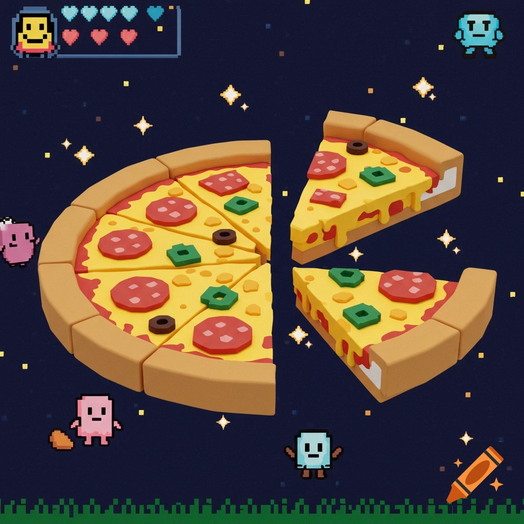 A pixel art 3D render of a pizza with two slices separated, floating in a starry space with pixel characters and a game UI.