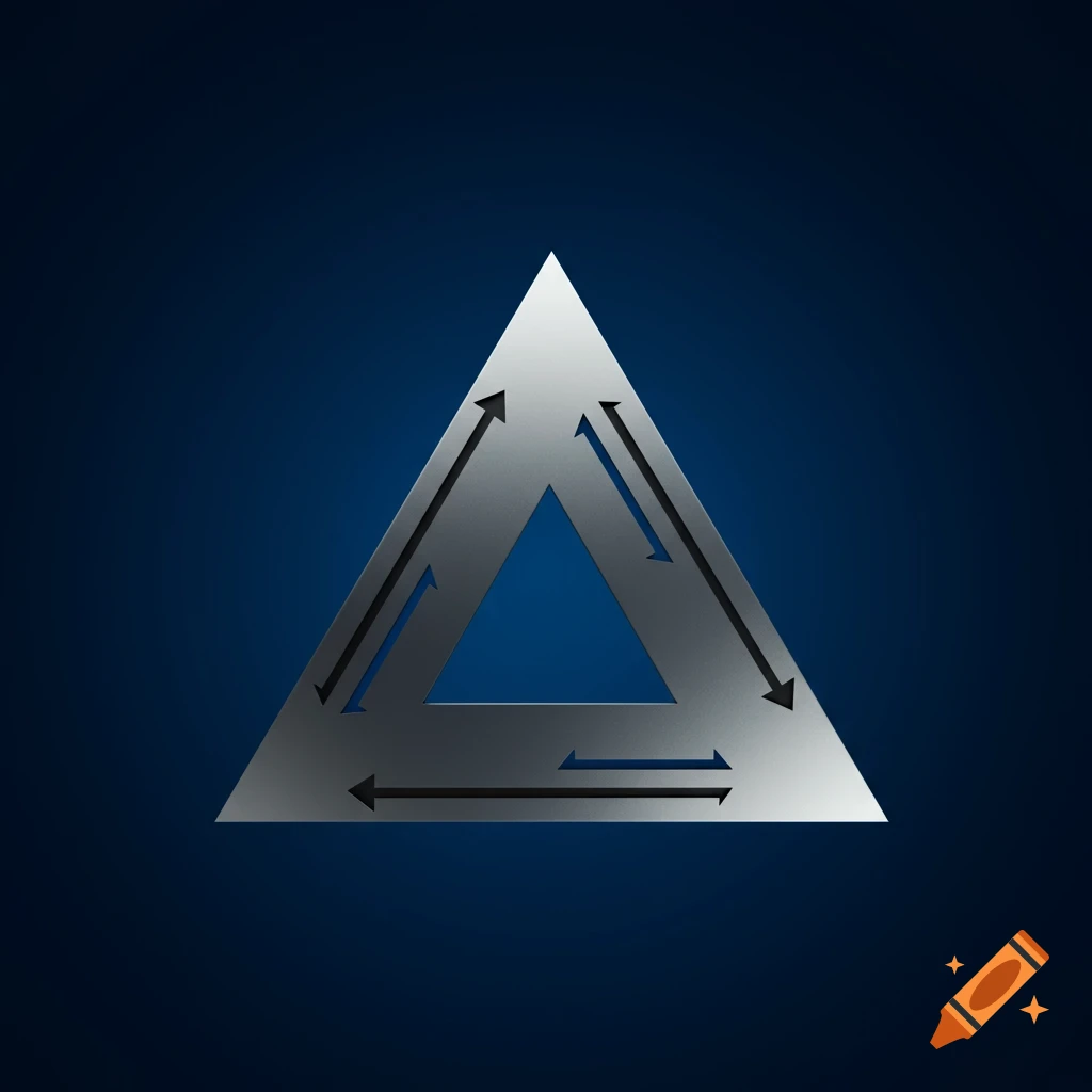 A metallic silver triangle with an inner triangular cutout against a dark blue background. Black arrows indicate movement along the edges.