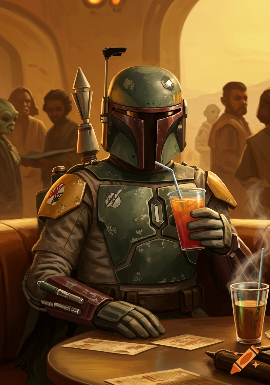 Boba Fett in his Mandalorian armor drinks a juice with a straw at a table in a dimly lit cantina, with other patrons in the background.