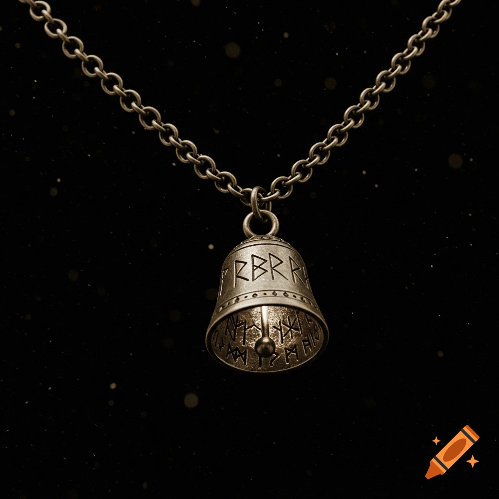 Bronze chain necklace with an intricately engraved bell pendant against a dark, dusty background.
