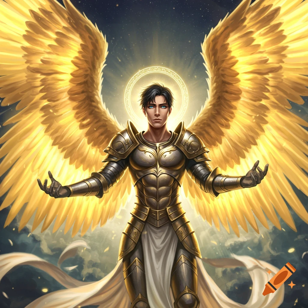 Handsome male angel with glowing golden wings, blue eyes, and dark hair, wearing ornate metallic armor against a cloudy, celestial sky.