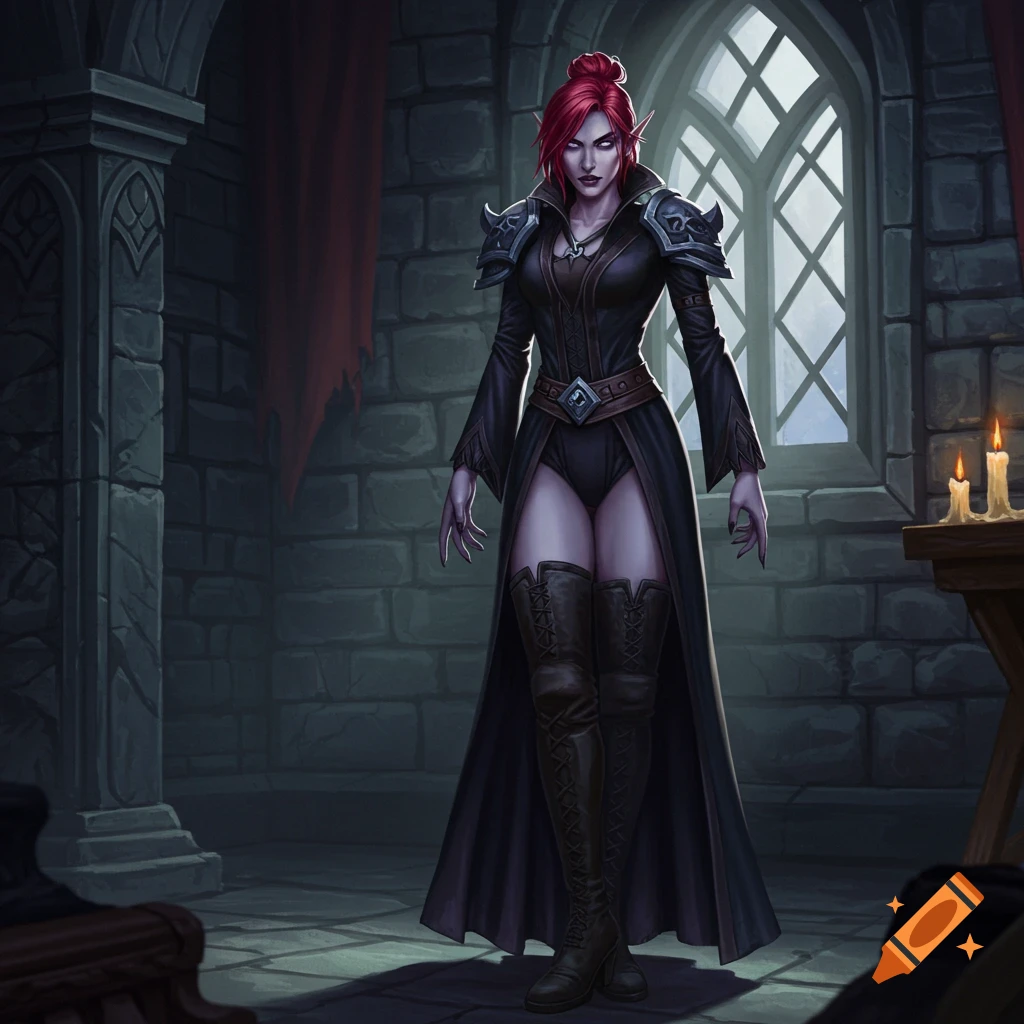 A red-haired, purple-skinned fantasy woman in a black coat, leotard, and thigh-high boots stands in a dim gothic room.