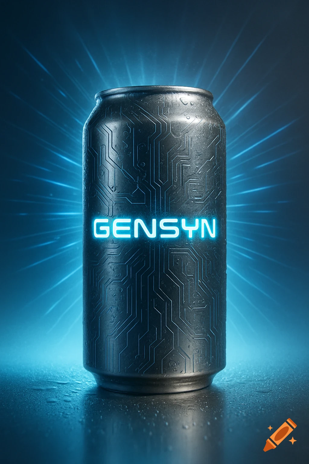 A metallic energy drink can with circuit board patterns and glowing blue 'GENSYN' text, wet with condensation, against a blue background with light rays.