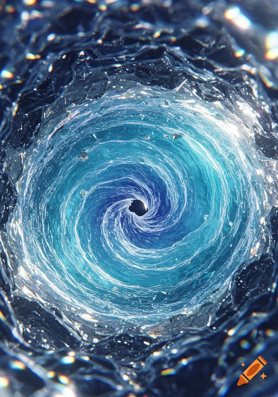 A vibrant blue and turquoise water vortex swirls down into a dark center, surrounded by glittering, crystalline textures.