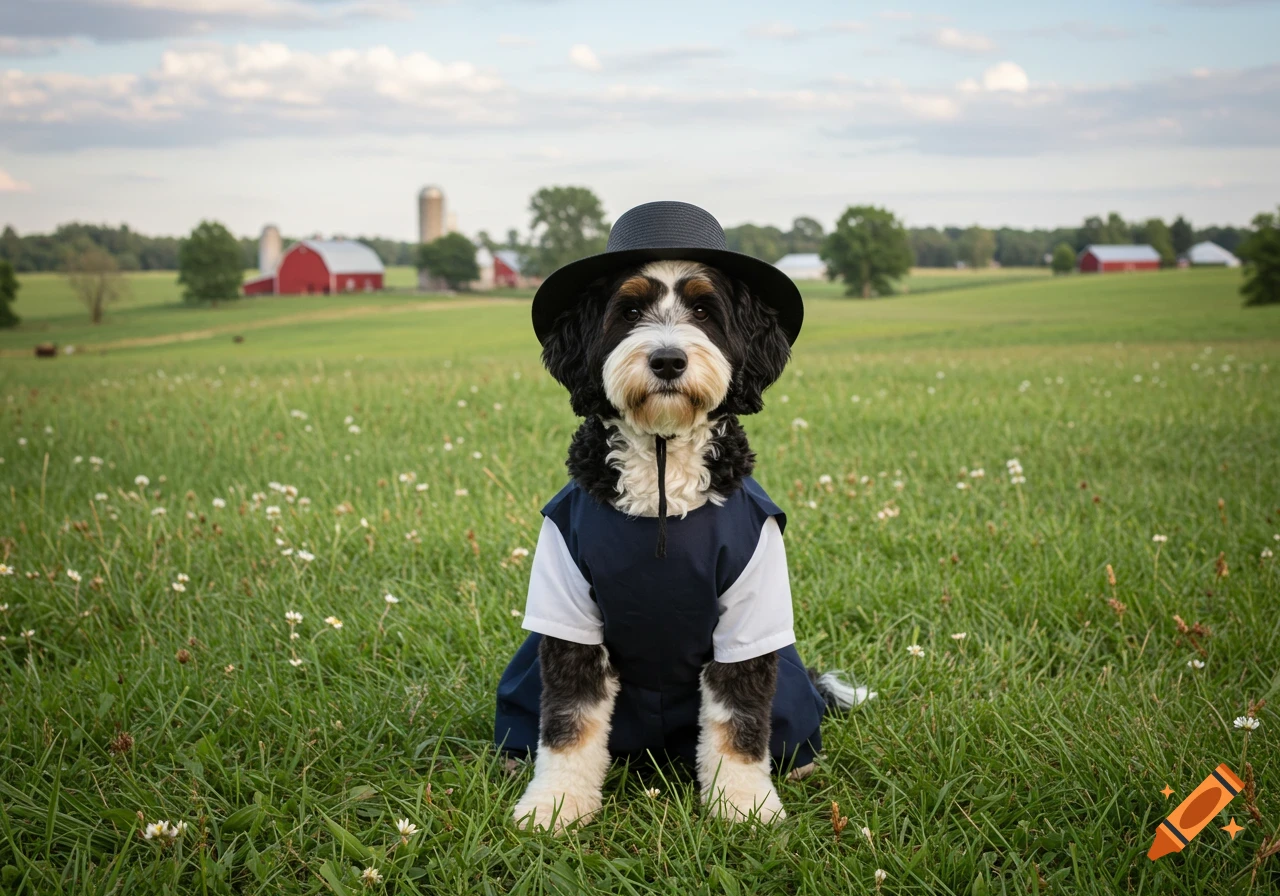 A photorealistic Bernedoodle dog in an Amish-style outfit and black hat sits in a green field with white flowers, red barns, and a silo in the background.