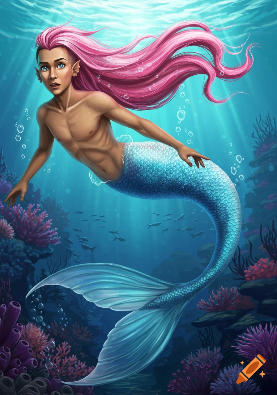 A vibrant digital illustration of a merman with long pink hair and a light blue scaled tail swimming underwater among coral and small fish.