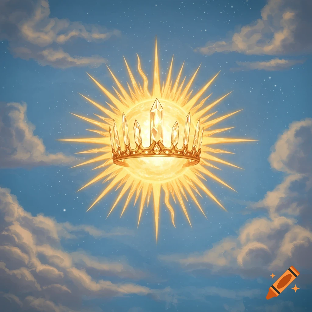 A radiant golden, jewel-encrusted crown sits atop a glowing stylized sun in a blue sky with clouds.