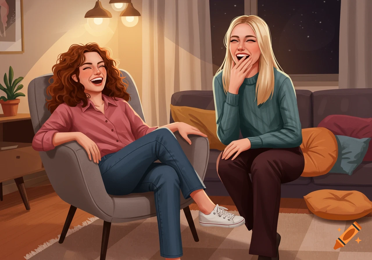 Two women with curly and straight hair laughing heartily in a cozy, warm-lit living room. Illustrated style.