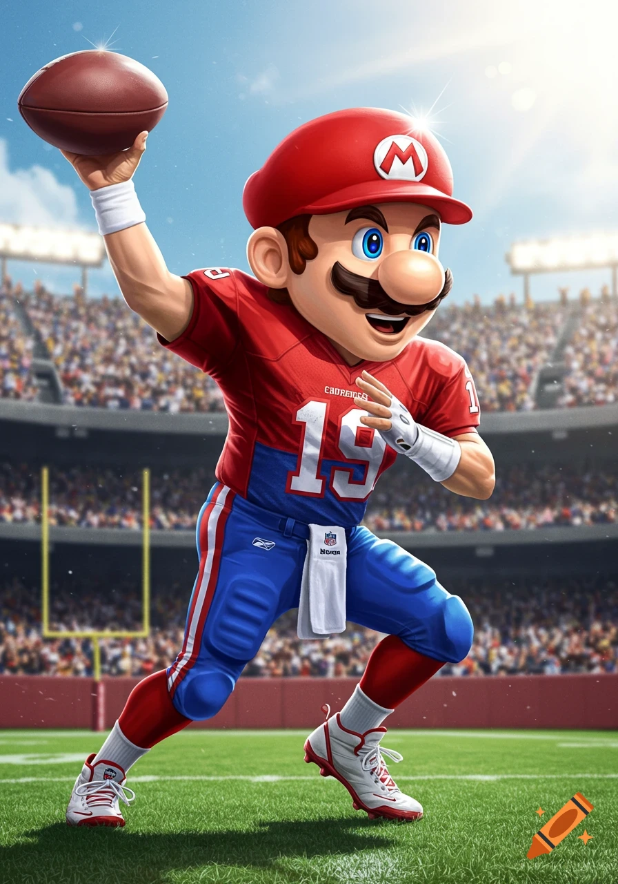 Mario dressed in an American football uniform, featuring red and blue colors, with the number 19, holding a football in a stadium.