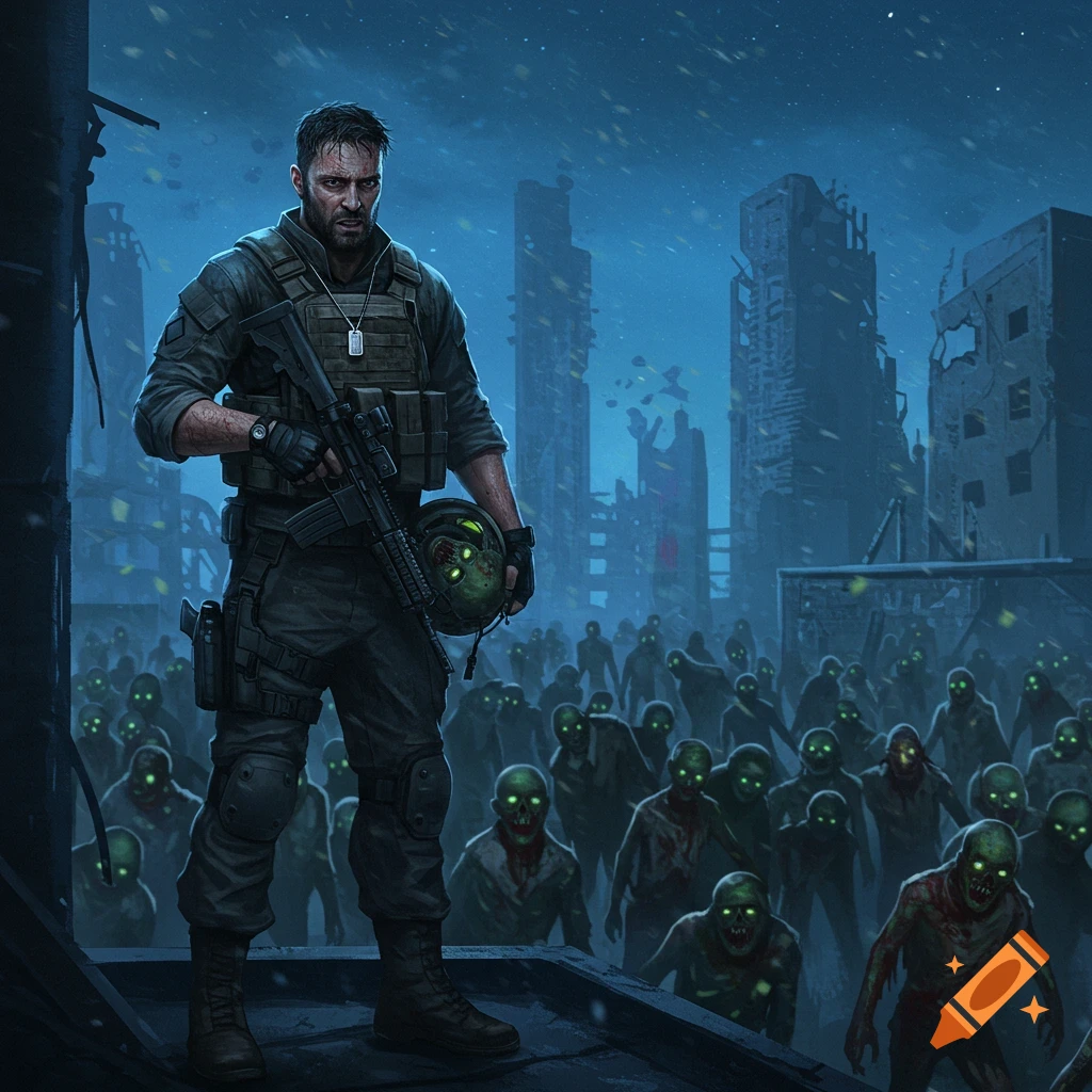 A special forces soldier stands in a ruined city, looking down at a horde of glowing green zombies while holding a rifle and helmet.