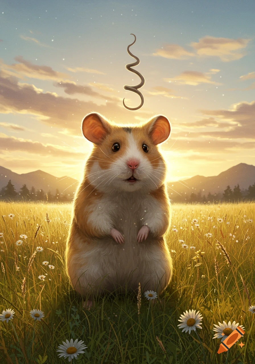 A cute, fluffy human-hamster hybrid stands in a field of daisies at sunset, looking up at a mysterious swirl in the sky.