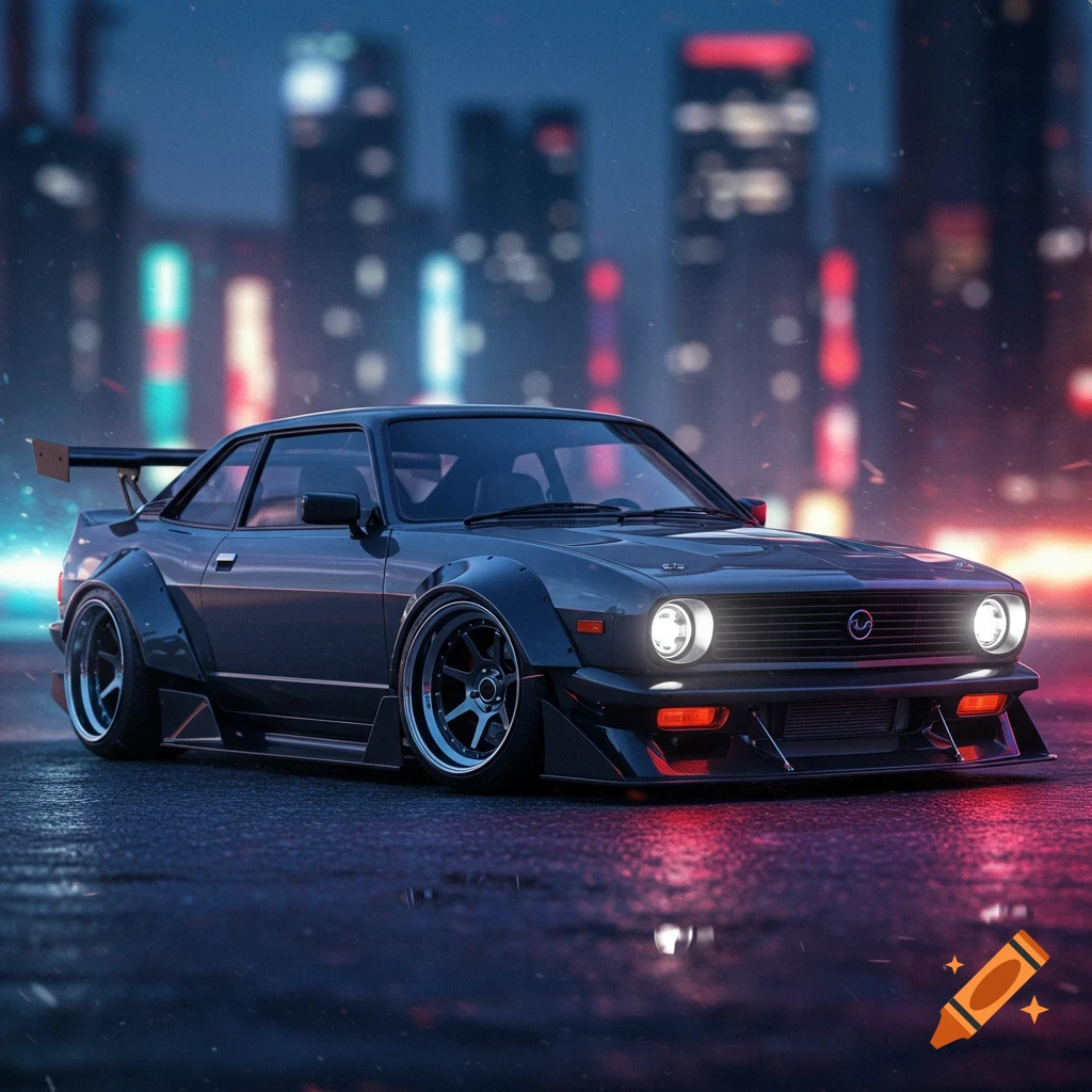 A dark gray custom widebody sports car with neon headlights sits on a wet street at night, with a blurred cyberpunk city in the background.