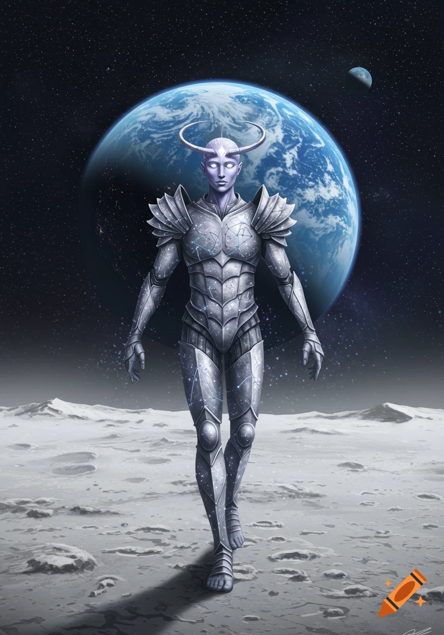 An armored, alien-like figure with glowing eyes and horns stands on the moon, with Earth visible in the starry background.