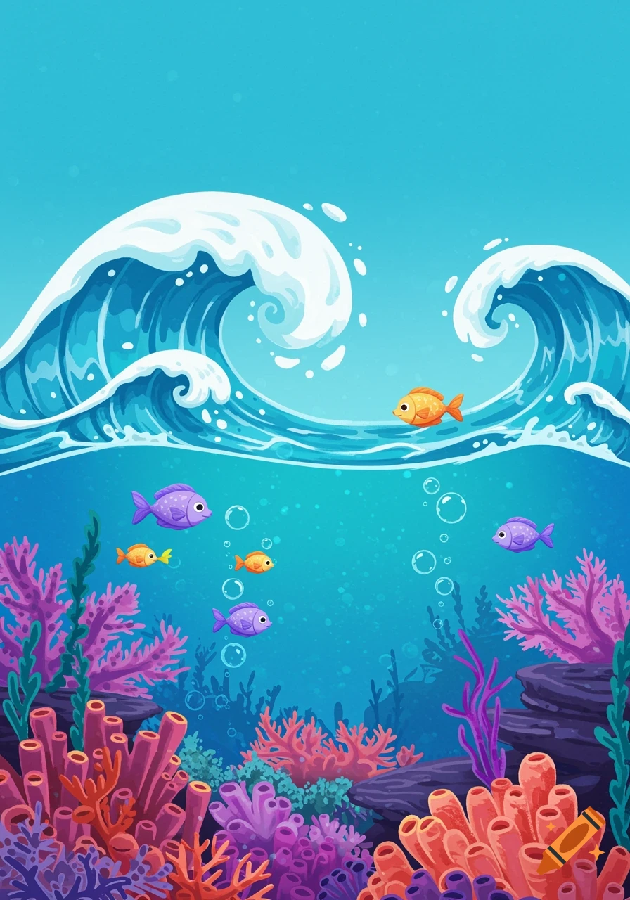 Vibrant cartoon underwater scene with large waves, colorful coral reefs, and swimming fish.