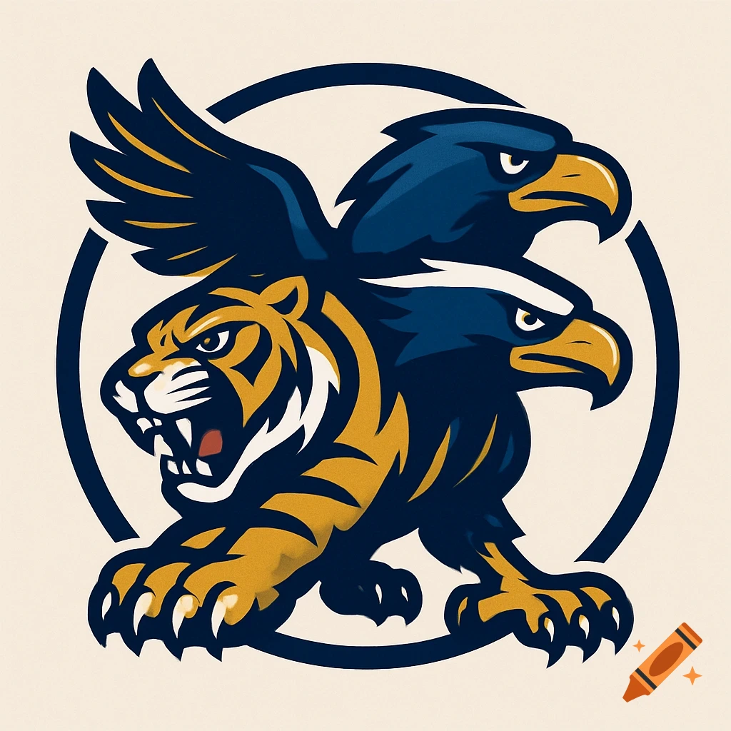 Stylized sports logo featuring a two-headed blue and gold eagle and tiger hybrid with wings, talons, and paws.