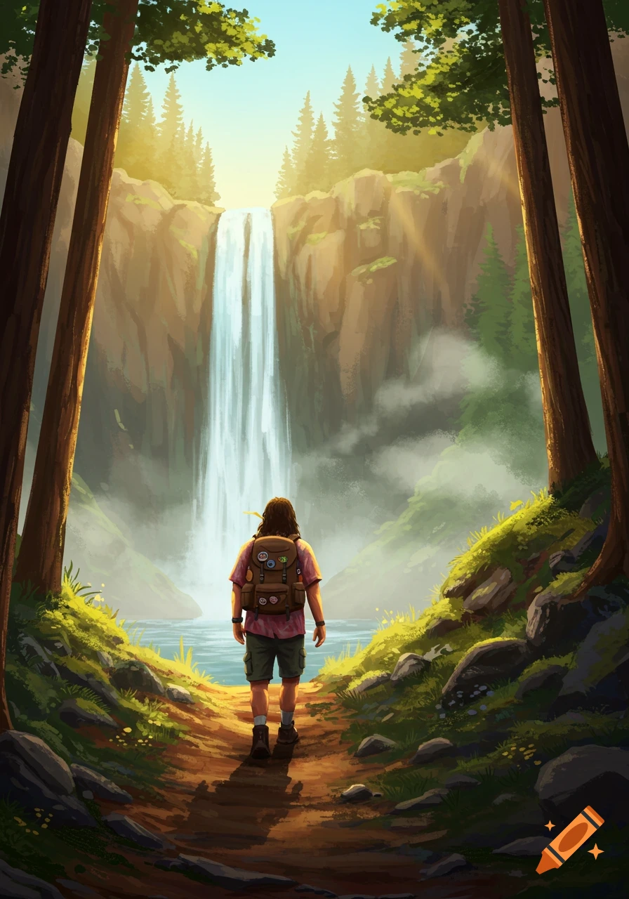 An illustrative image of a person with a backpack hiking on a forest path towards a large waterfall under a bright sky.