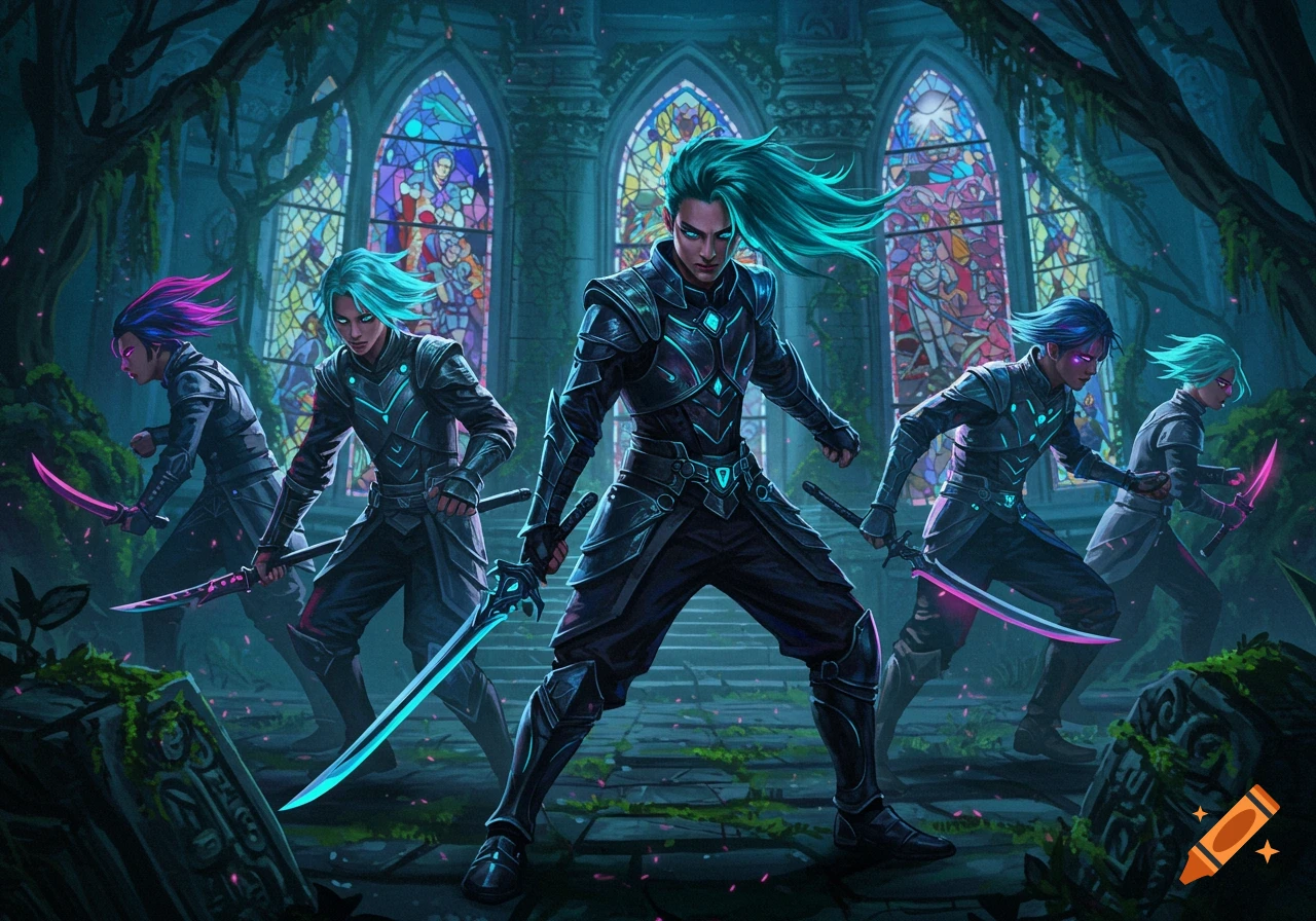 Stylized anime-like demon hunters with glowing swords in a dark, mossy gothic church with stained glass windows.