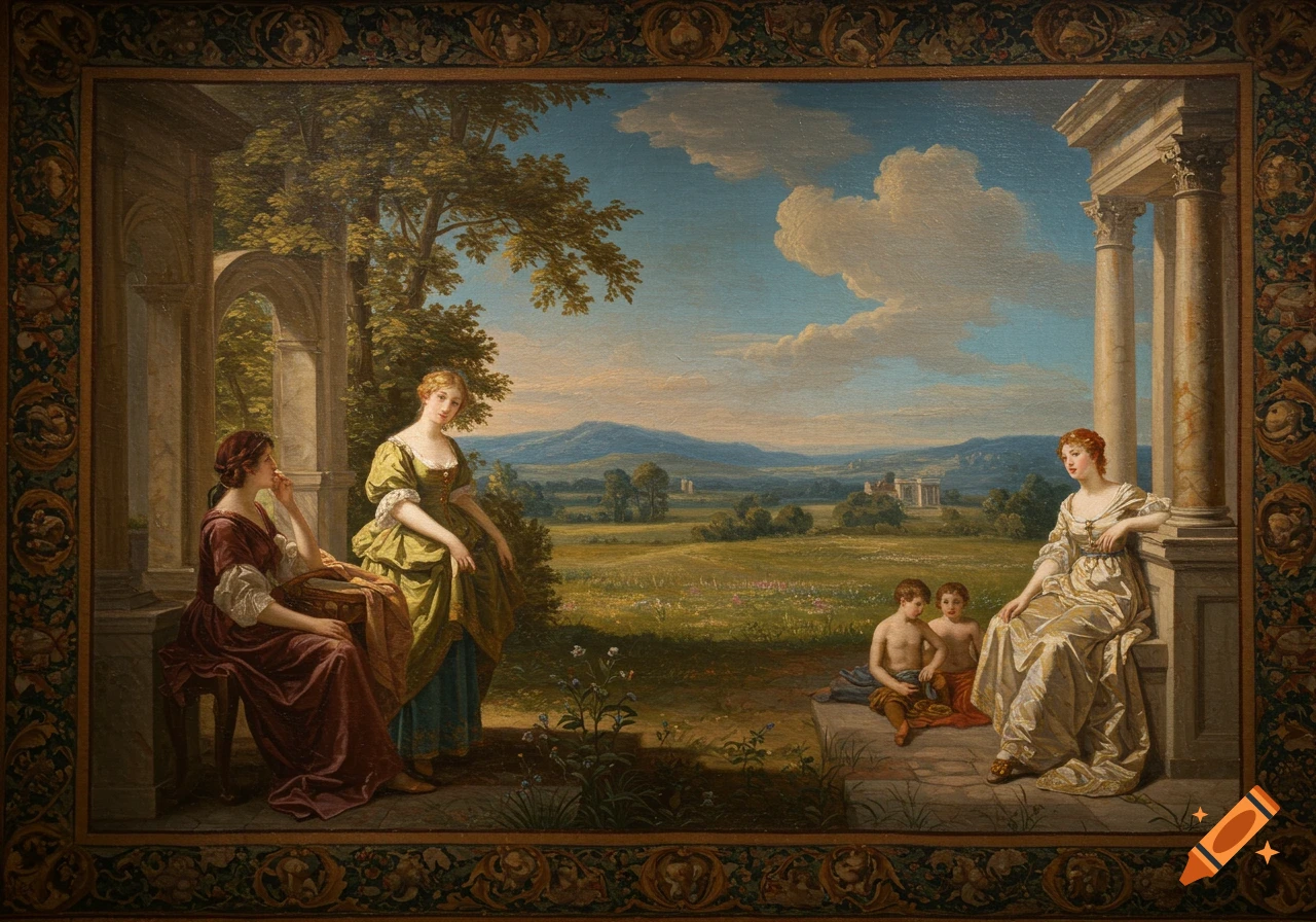 Classical painting of women and two children in a lush landscape with architectural elements and mountains under a cloudy sky.