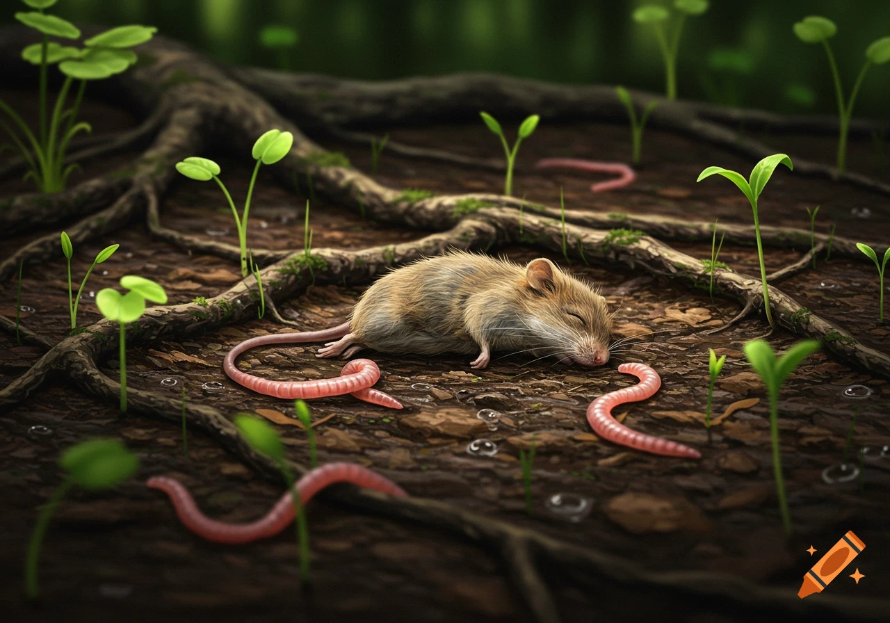 A photorealistic image of a dead field mouse lying on a forest floor surrounded by tree roots, green sprouts, and pink worms.