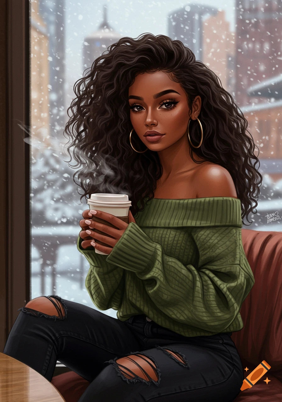 Digital illustration of a young woman with curly hair, wearing an off-shoulder green sweater and ripped jeans, holding a coffee cup by a snowy window.