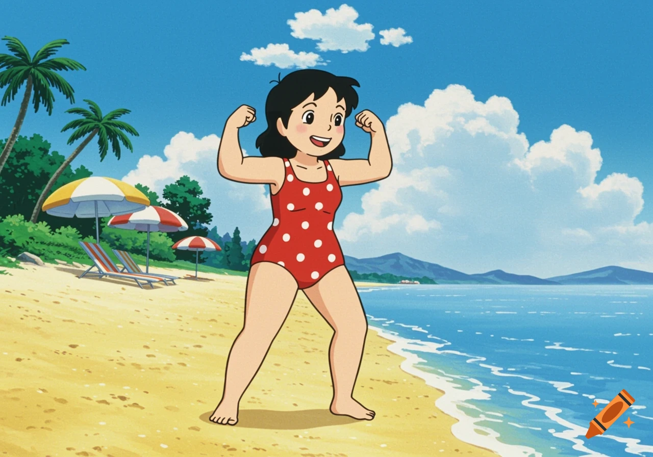 A cartoon woman in a red polka-dot swimsuit flexes her muscles on a sunny beach with palm trees and ocean.