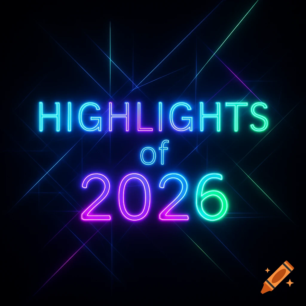 Neon glowing text 'HIGHLIGHTS of 2026' with crisscrossing neon lines on a dark background.