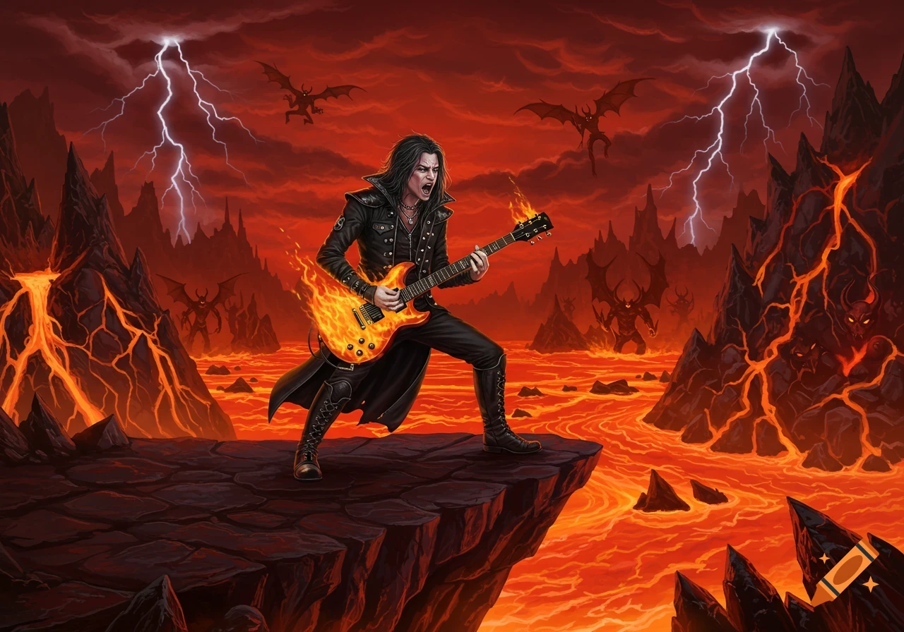 A man in a leather coat plays a flaming guitar on a cliff overlooking a lava hellscape with lightning and flying demons.