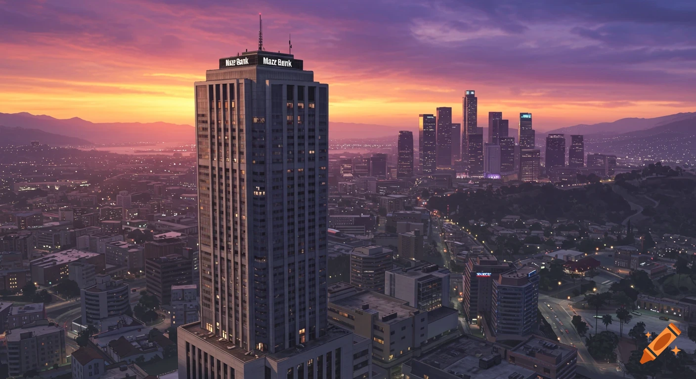 Aerial view of a vibrant cityscape at sunset, with the prominent Maze Bank skyscraper and mountains in the distance.