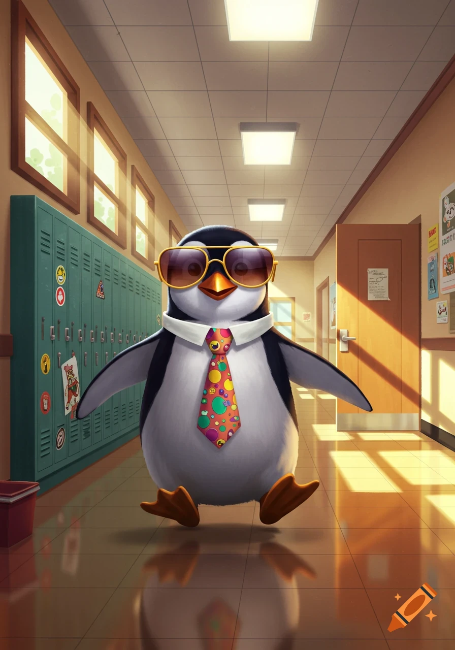 A cool cartoon penguin wearing sunglasses and a colorful tie walks down a sunlit school hallway with lockers.