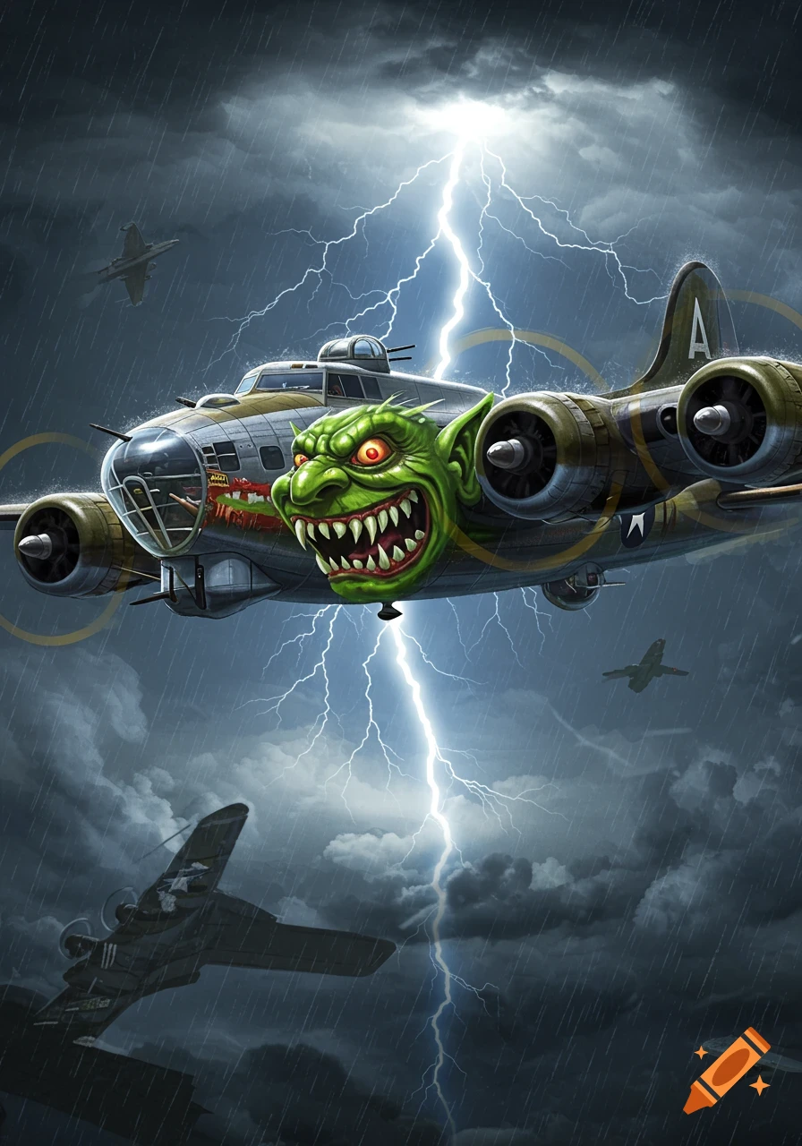 A cartoon bomber plane with a green goblin nose art flies through a stormy sky with lightning and rain.