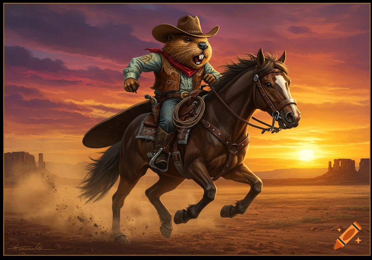 A cartoon beaver in a cowboy hat and vest rides a horse through a desert at sunset, digital illustration.