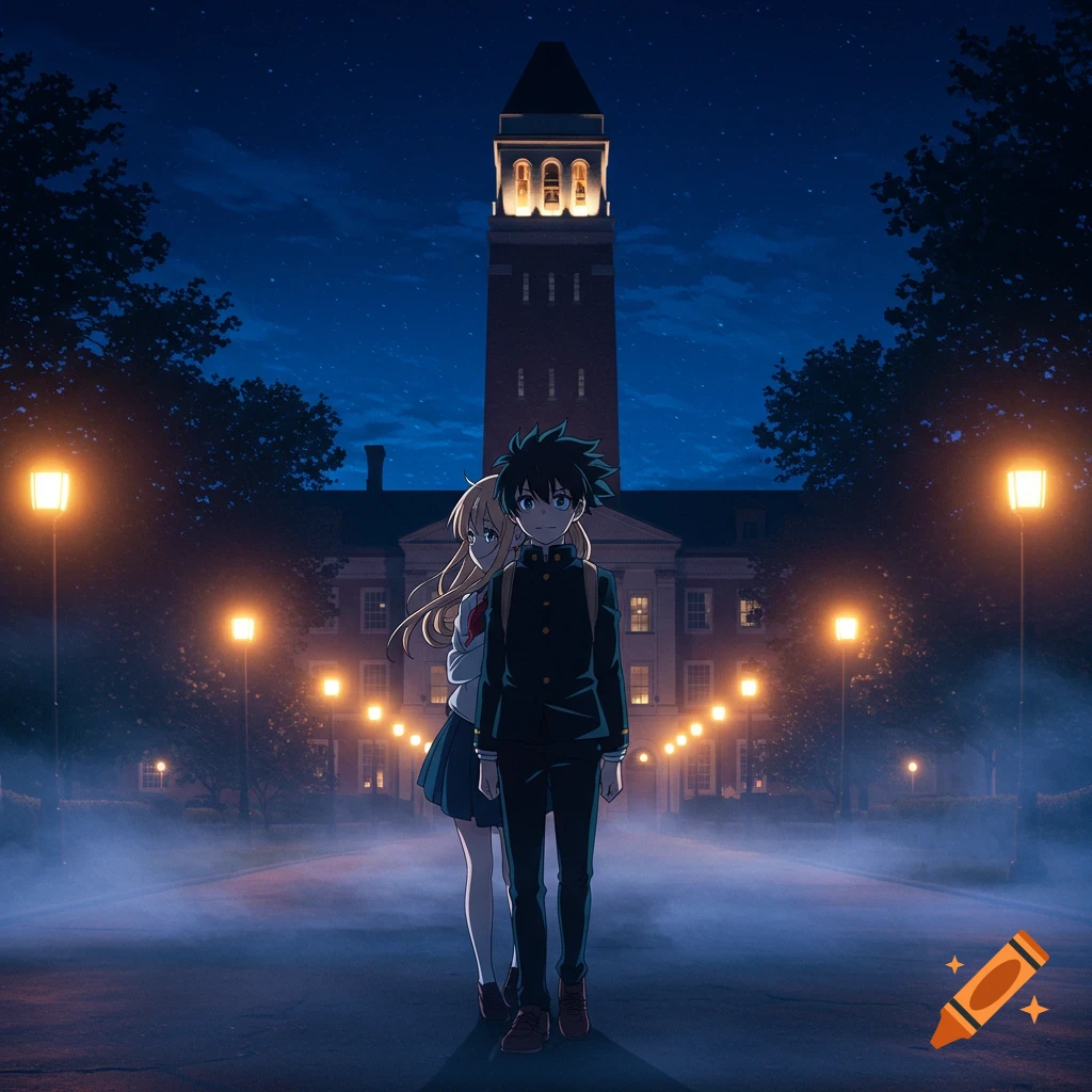 Anime boy and girl on a misty path at night in front of a university building with a lit clock tower, anime style.