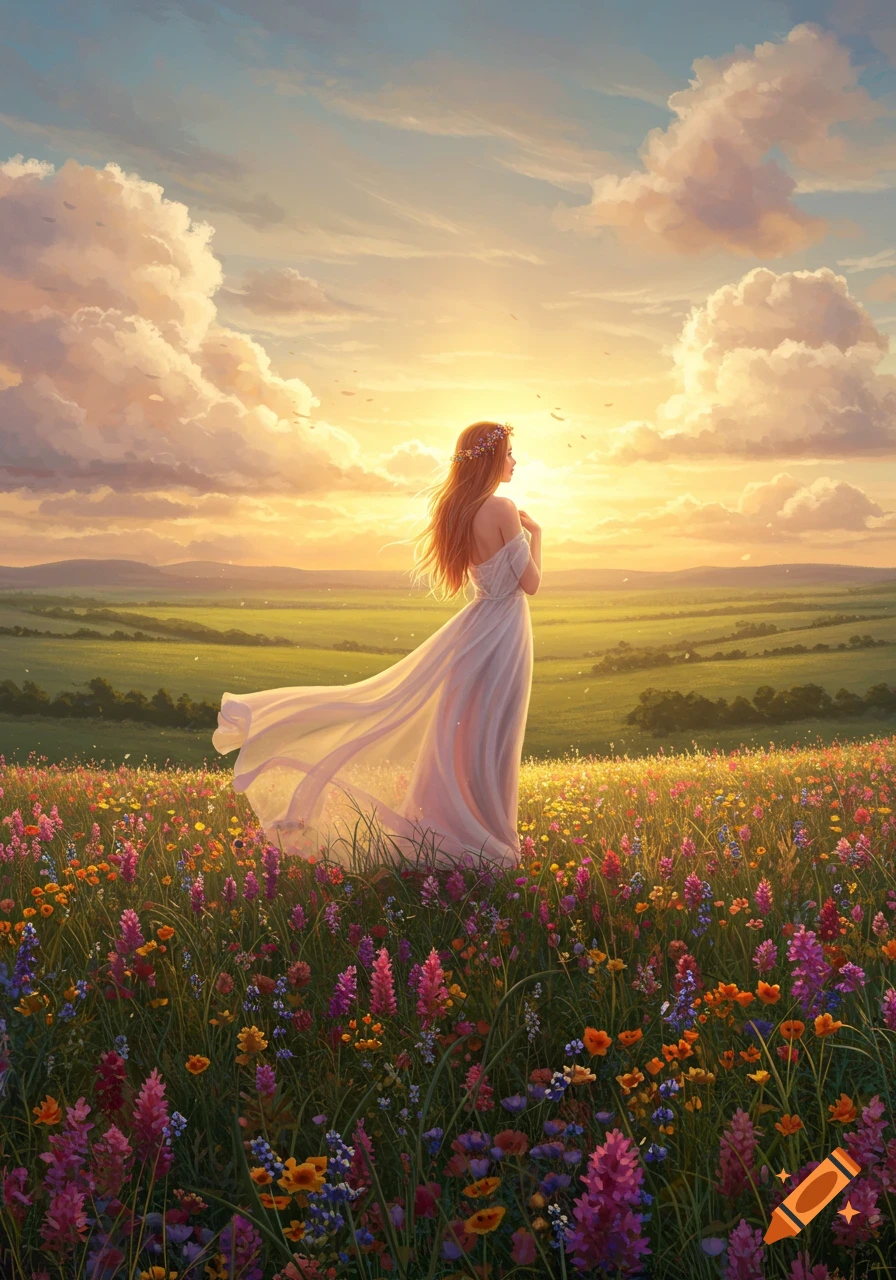 A woman in a flowing white dress stands in a vibrant wildflower field at sunset, looking towards the golden light.
