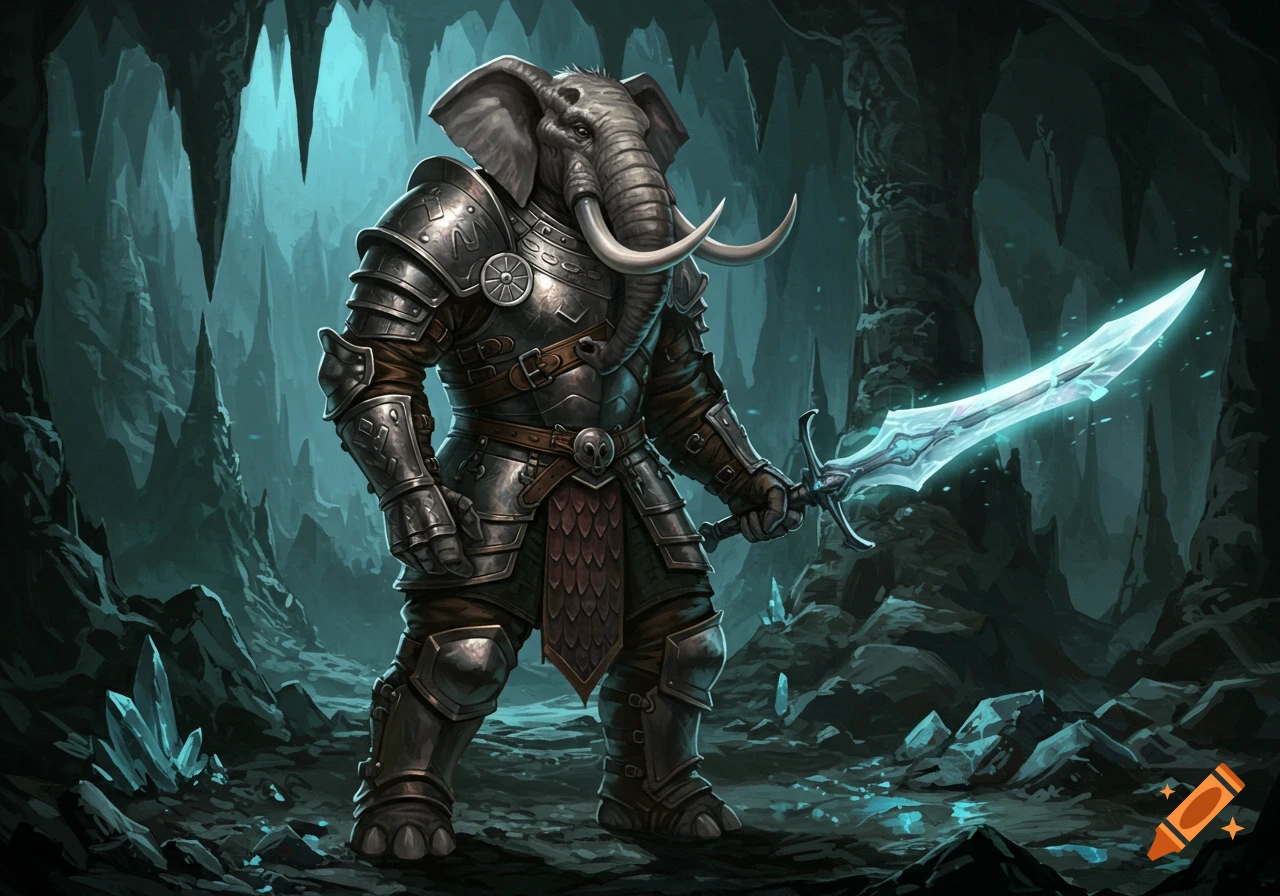 A majestic Loxodon warrior in half-plate armor holds a glowing sword in a dark fantasy cavern with crystals.