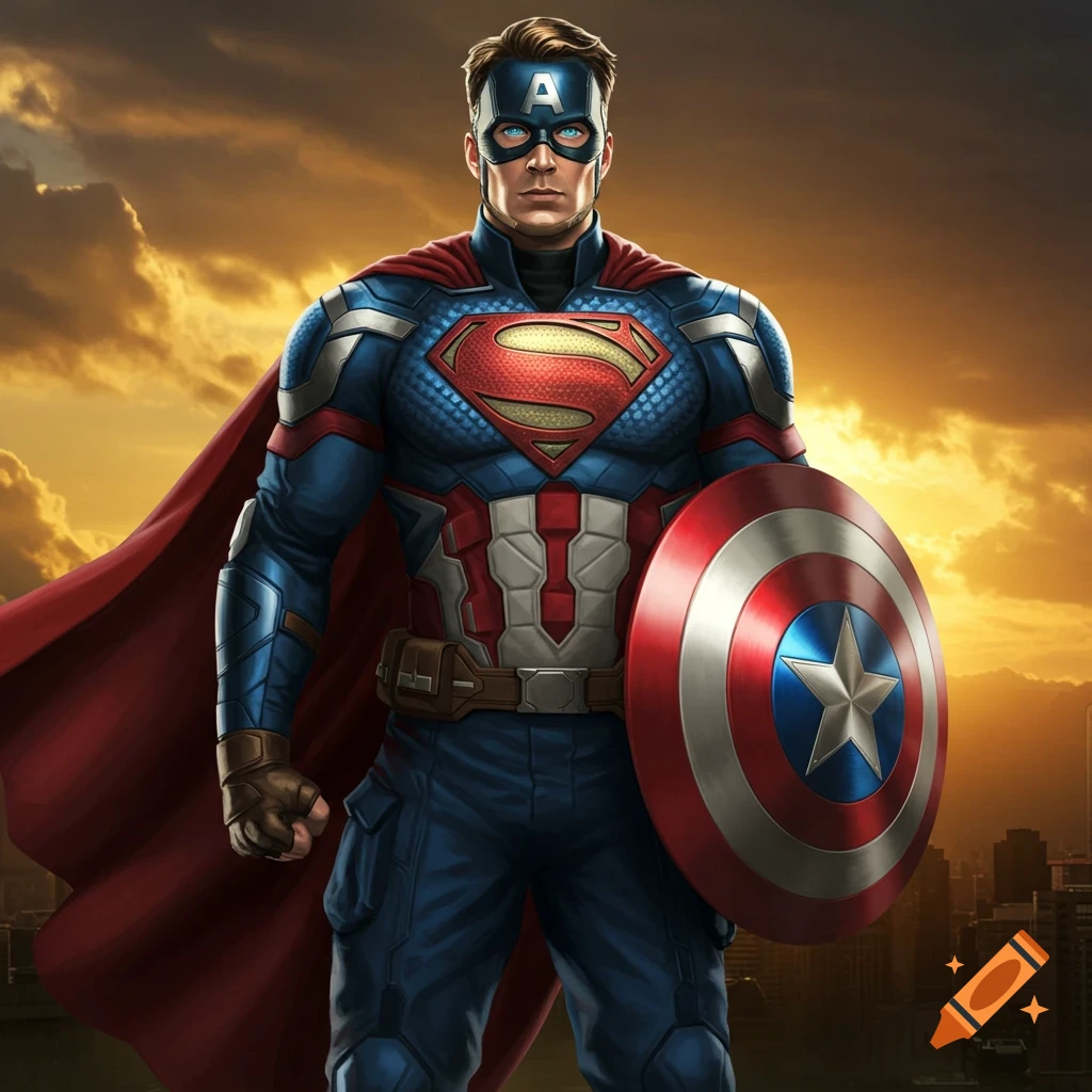 A fusion of Captain America and Superman, wearing a blue and red suit with an "S" symbol on his chest and an "A" on his mask, holding Captain America's shield. The background is a cloudy, golden sky above a cityscape.
